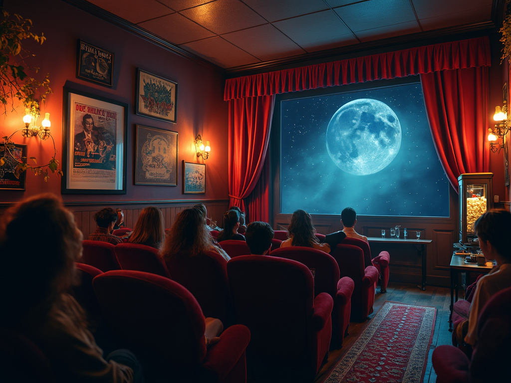 Cozy independent cinema with an engaged audience, vintage decor, warm lighting, and a starry night sky visible through a window.