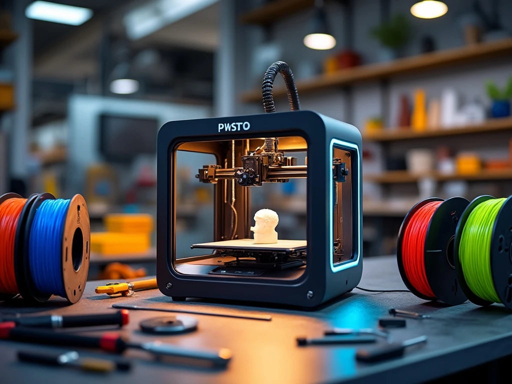 A 3D printer on a sleek workbench, surrounded by colorful filament spools, showcasing a creative workshop ambiance.