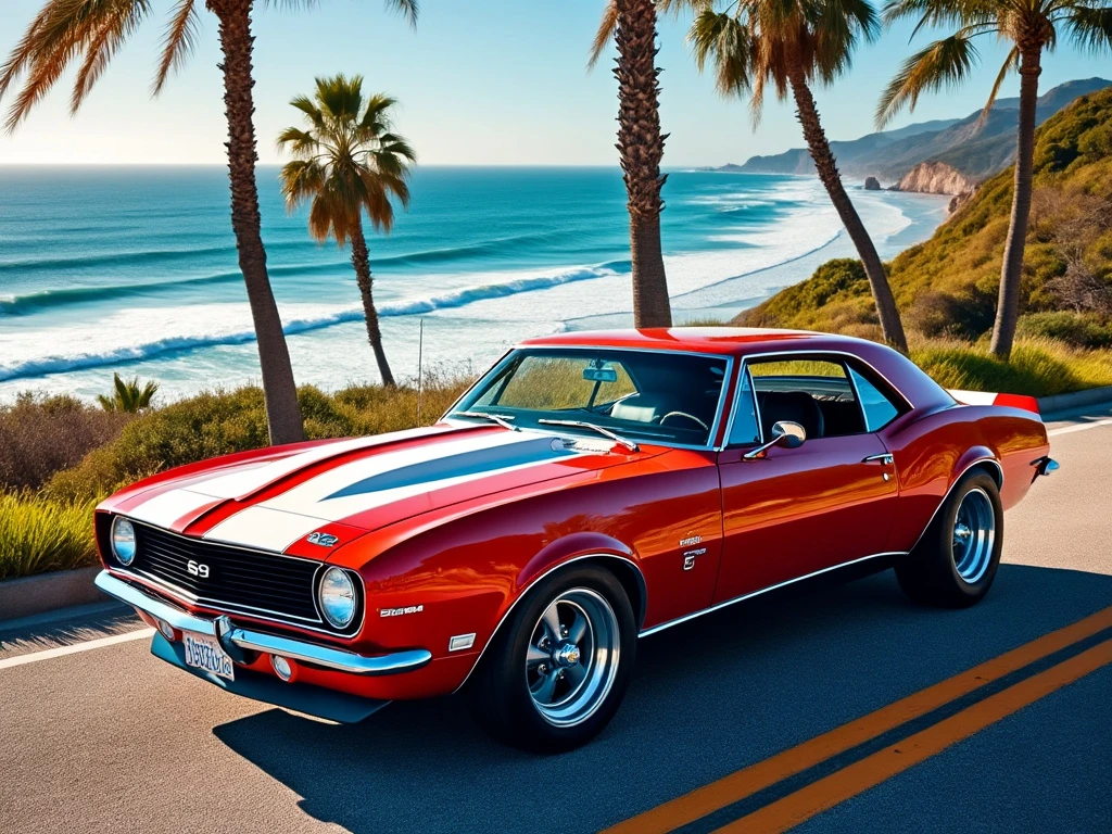 Classic metallic red muscle car with white stripes parked on a sunny coastal highway, ocean waves and palm trees in the background.