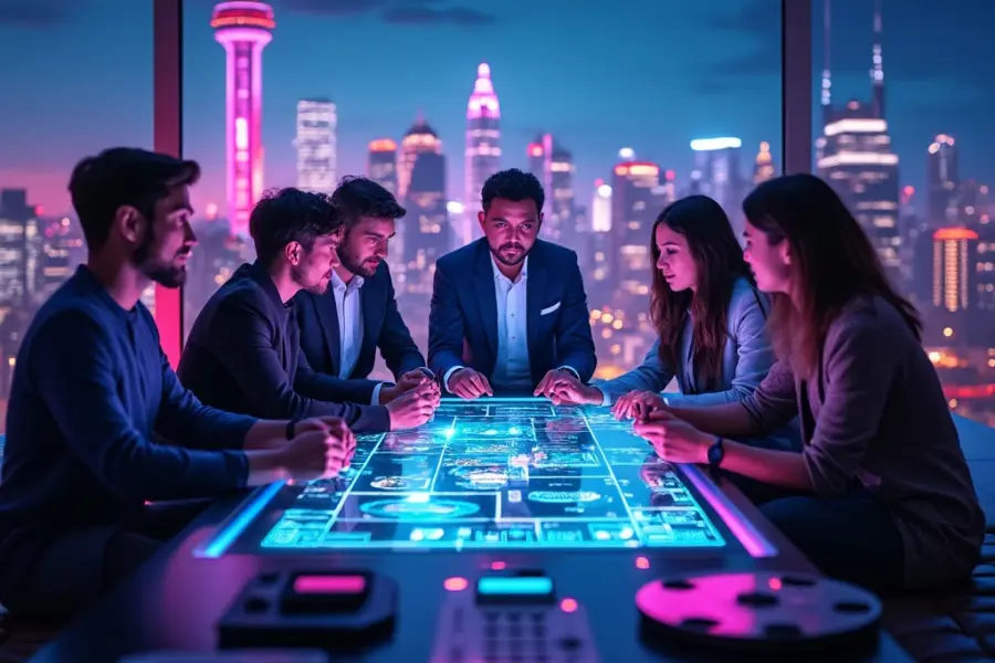 "Group of diverse professionals around a holographic display in a vibrant, futuristic city discussing innovative entertainment."