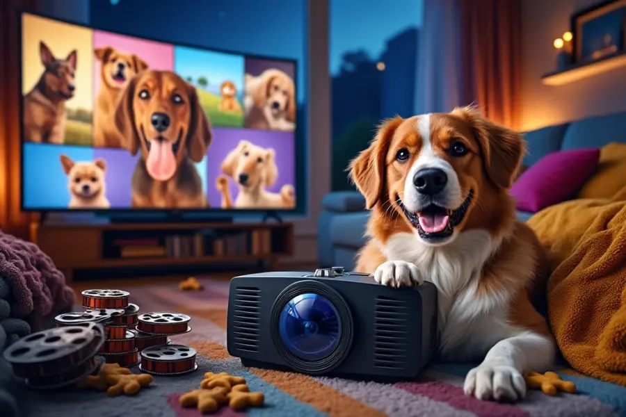 A cozy home scene with a cheerful dog beside a movie projector, surrounded by film reels, toys, and a starry night window.