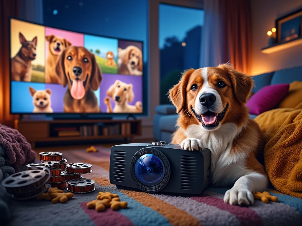 A cozy home scene with a cheerful dog beside a movie projector, surrounded by film reels, toys, and a starry night window.