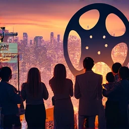 "Vibrant city skyline at dusk with diverse entertainment professionals networking, vintage film reel and clapperboard in view."