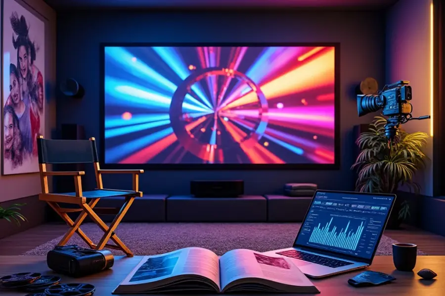 ```
Modern home theater with filming equipment, director's chair, and projection screen, blending classic and digital cinema elements
```

This alt text is 123 characters and captures the key visual elements while conveying the theme of traditional and modern cinema convergence.