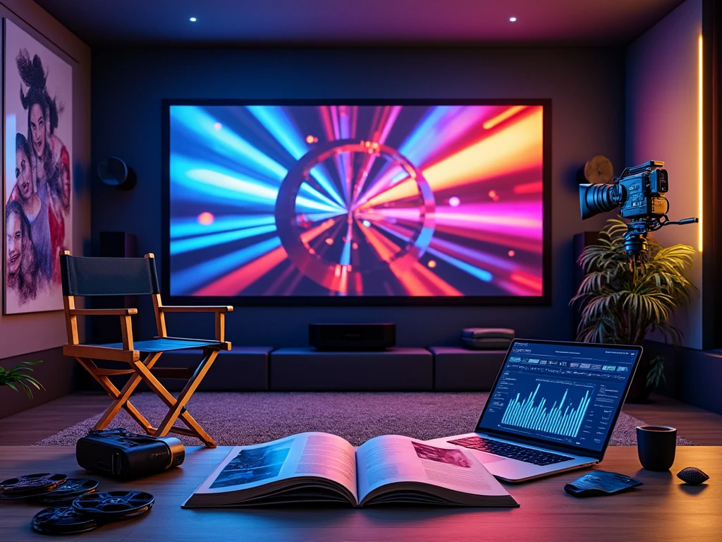 ```
Modern home theater with filming equipment, director's chair, and projection screen, blending classic and digital cinema elements
```

This alt text is 123 characters and captures the key visual elements while conveying the theme of traditional and modern cinema convergence.