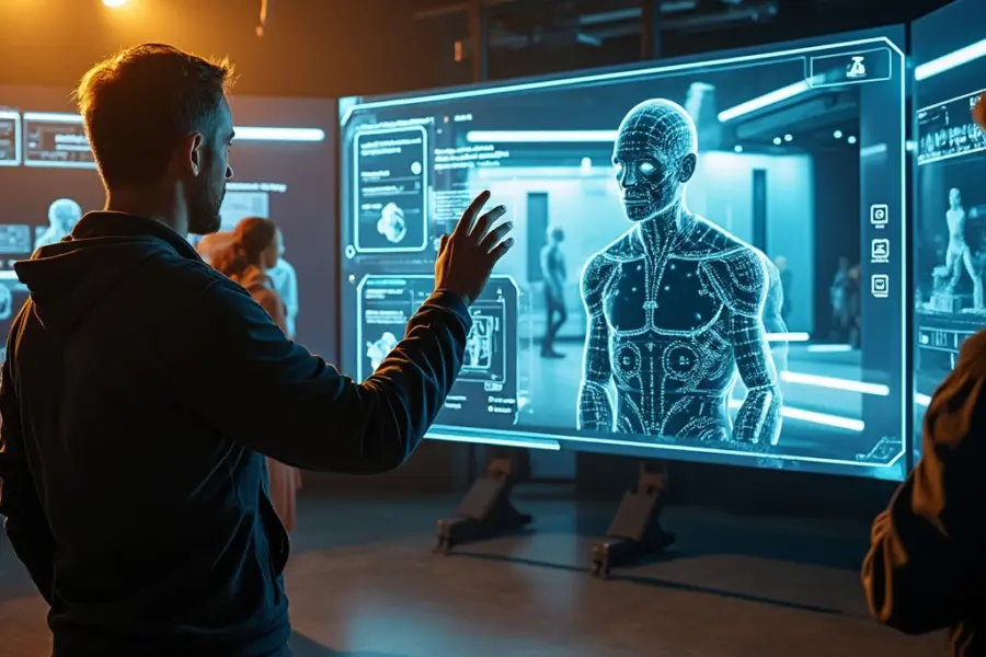 ```alt="Film director gestures at holographic storyboard while robotic cameras and AI systems assist in a modern studio where human creativity meets technology."```