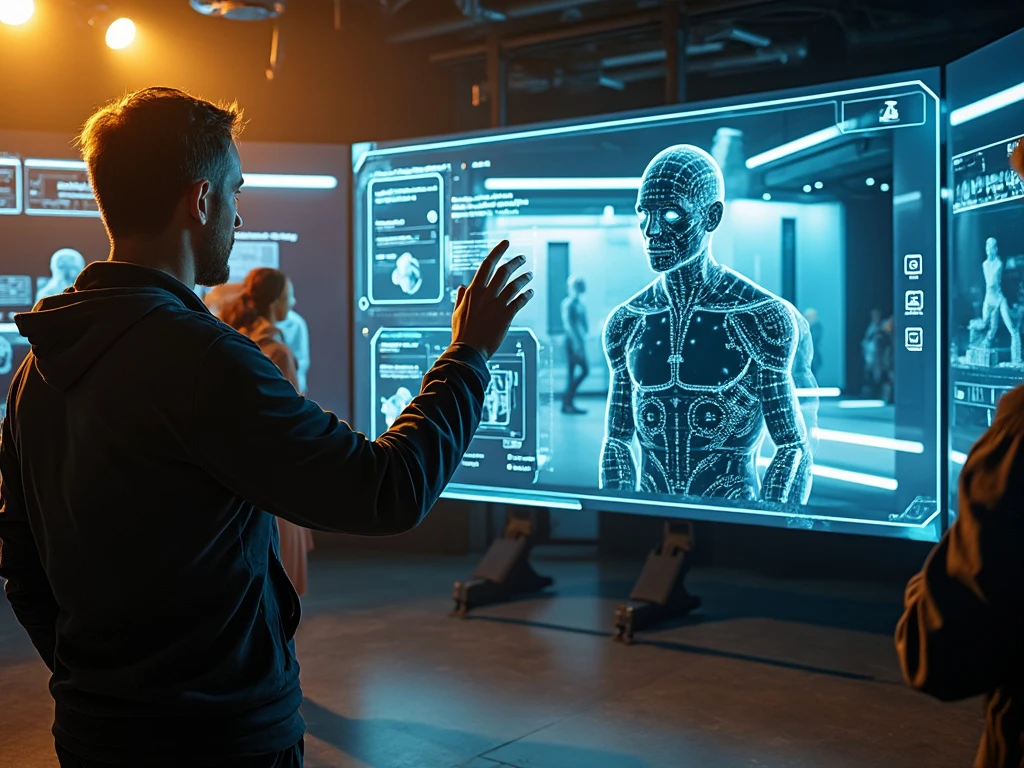```alt="Film director gestures at holographic storyboard while robotic cameras and AI systems assist in a modern studio where human creativity meets technology."```