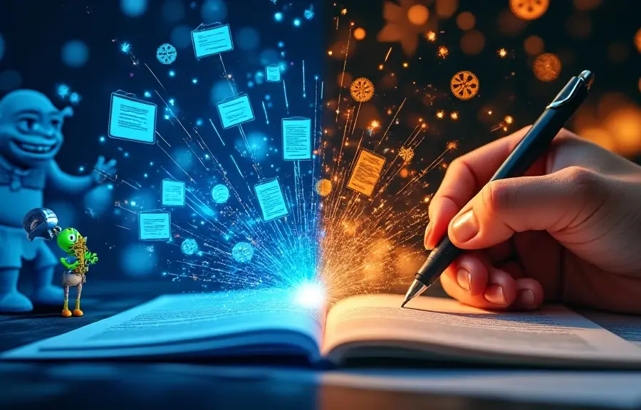 `Split-screen collage: AI interface with digital scripts on left; human hand writing screenplay on right; visual elements connecting technological and creative processes.`