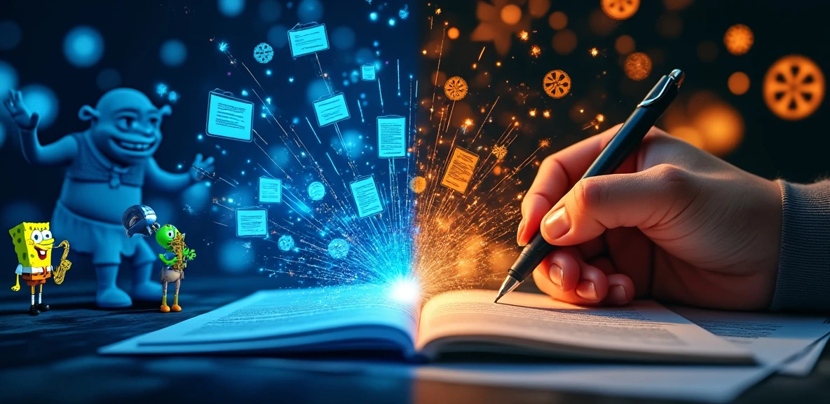 `Split-screen collage: AI interface with digital scripts on left; human hand writing screenplay on right; visual elements connecting technological and creative processes.`
