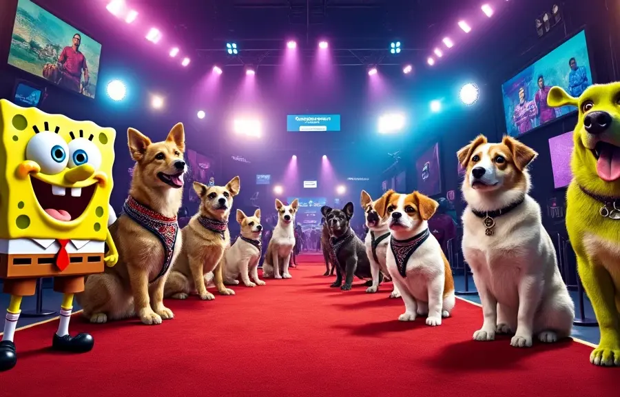 Alt text: Well-dressed dogs on Hollywood red carpet with SpongeBob and Shrek playing saxophones; blend of film industry and canine entertainment.