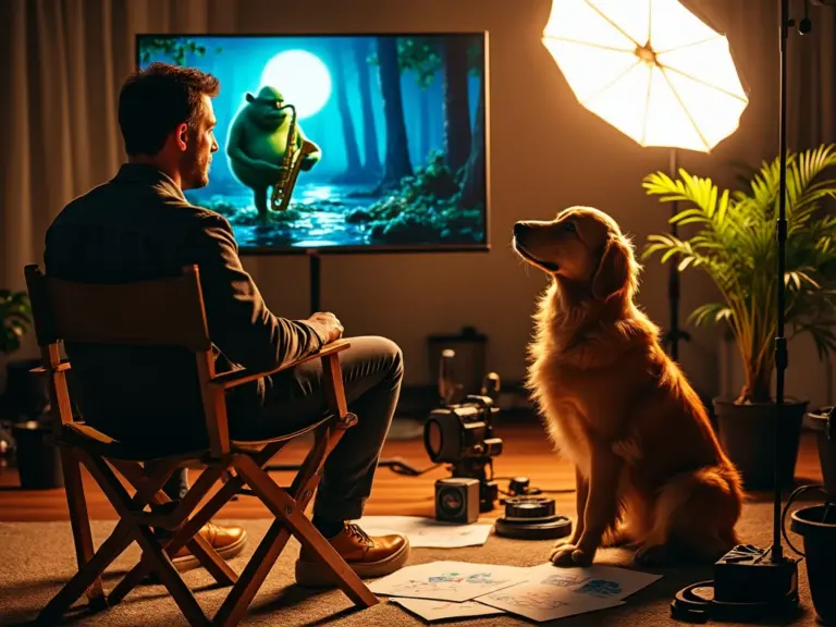## Alt Text Recommendation

```
Film director reviewing footage with attentive golden retriever by their side; monitor shows animated ogre playing saxophone in moonlit swamp.
```

Character count: 124

This alt text captures the core elements (director, dog, monitor content) while conveying the creative filmmaking relationship without excessive detail that might overwhelm screen reader users.