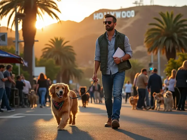 # Alt Text:

"Professional with golden retriever walking on Hollywood Boulevard at sunset, film crews and industry people with dogs nearby"