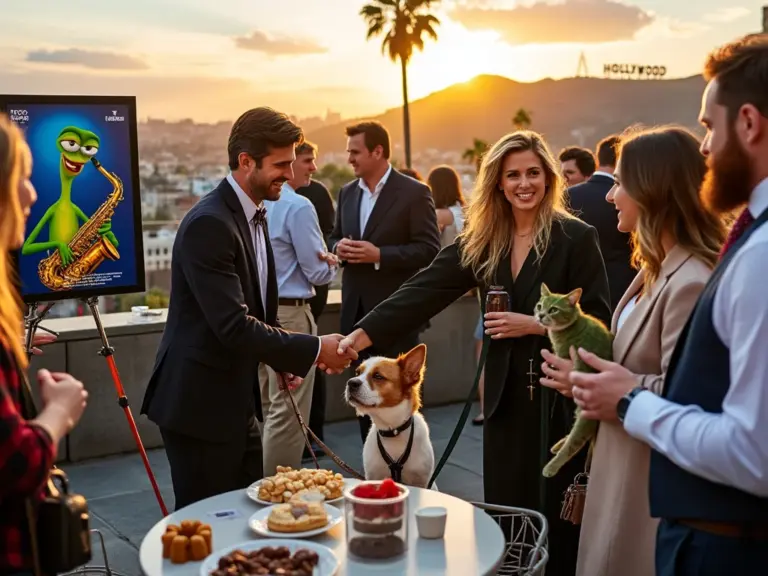 # Alt Text:

"Hollywood rooftop networking event at sunset with entertainment professionals mingling alongside their pets as they make industry connections"