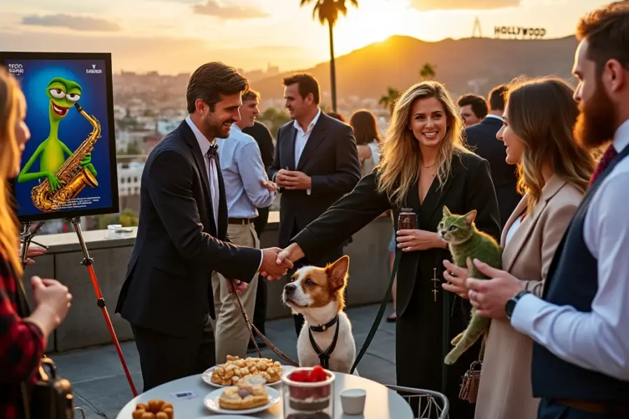 # Alt Text:

"Hollywood rooftop networking event at sunset with entertainment professionals mingling alongside their pets as they make industry connections"
