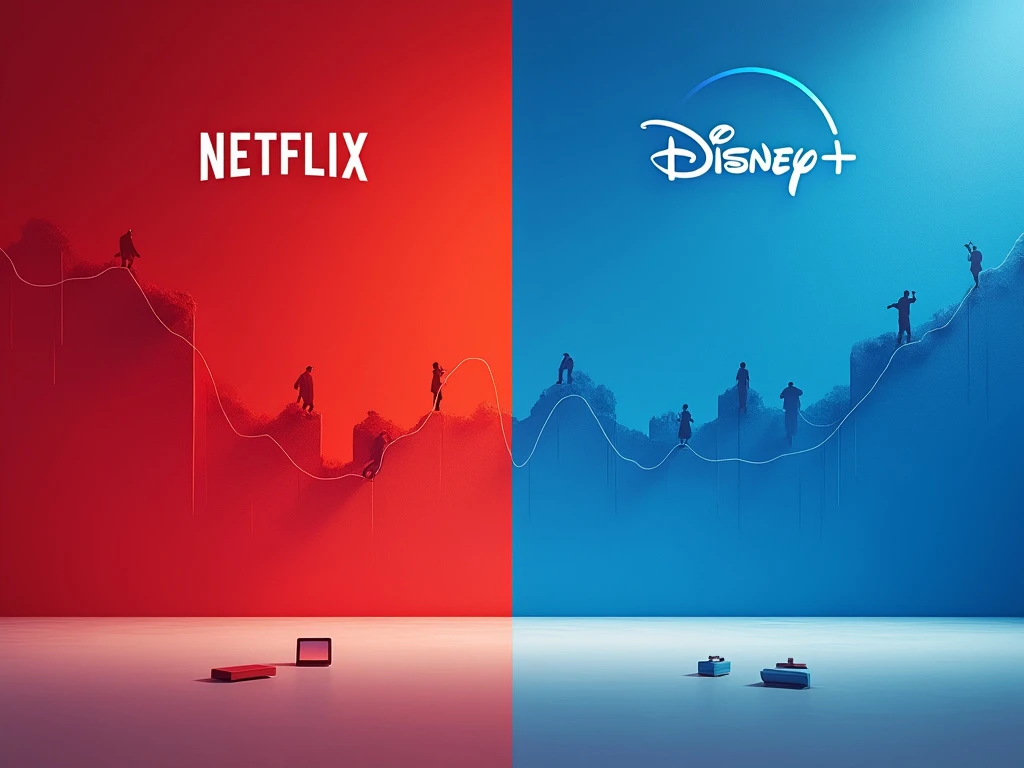 # Alt Text:
"Split-screen comparison of Netflix (red) and Disney+ (blue) brands with trend lines indicating market performance and device icons below."
