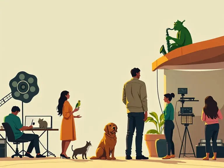 # Alt Text (98 characters):

Film crew working in minimalist studio with pets—dog, cat and parrot—creating a warm, inclusive atmosphere.