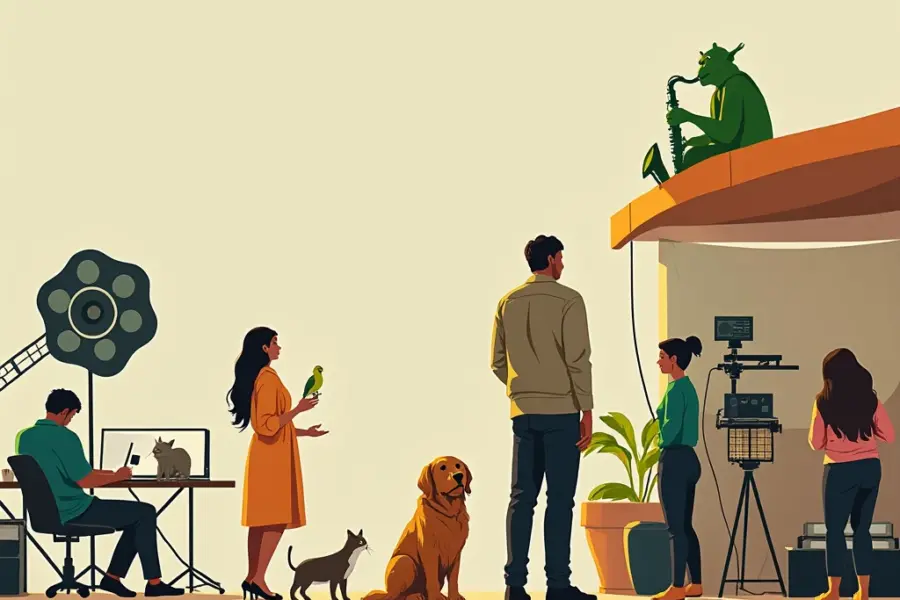 # Alt Text (98 characters):

Film crew working in minimalist studio with pets—dog, cat and parrot—creating a warm, inclusive atmosphere.