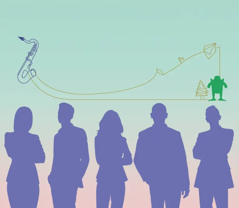 ```alt="Minimalist design showing entertainment career paths with silhouettes, abstract lines, and geometric shapes on teal-purple gradient."```