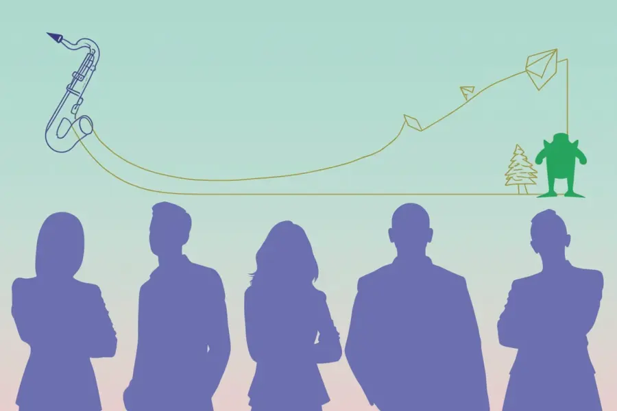 ```alt="Minimalist design showing entertainment career paths with silhouettes, abstract lines, and geometric shapes on teal-purple gradient."```