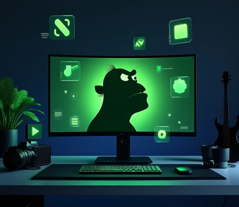 Alt text: Minimalist animation workspace with green ogre silhouette on monitor, digital tools hovering around filmmaker's desk in blue-green tones.