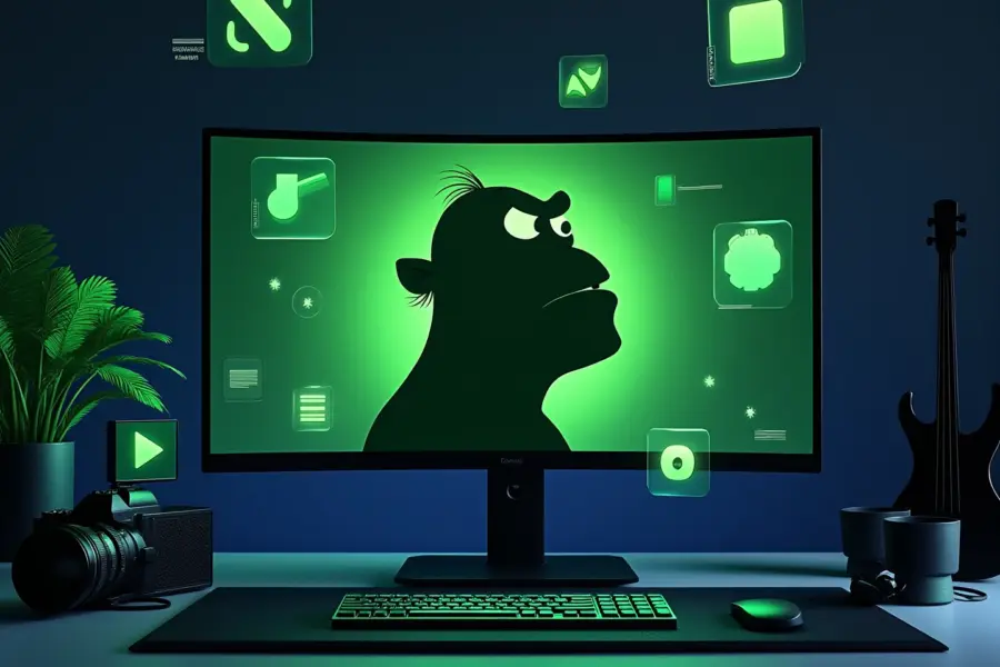 Alt text: Minimalist animation workspace with green ogre silhouette on monitor, digital tools hovering around filmmaker's desk in blue-green tones.