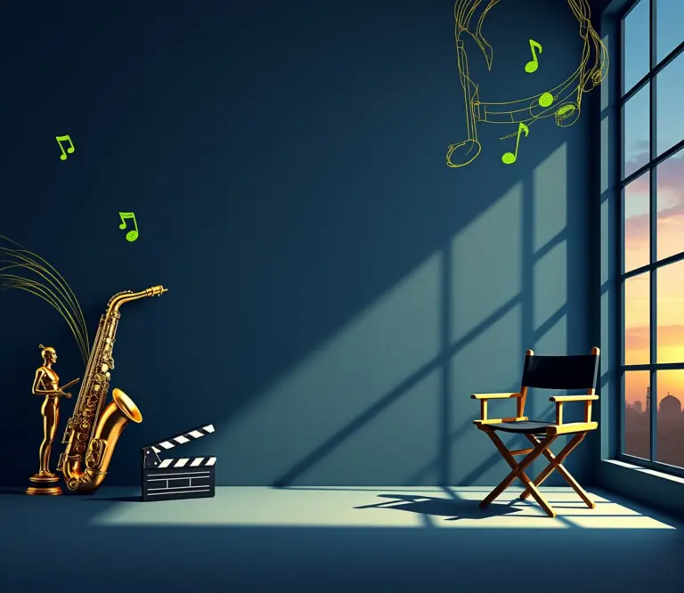 ## Alt Text:

"Minimalist film studio with director's chair silhouette, gold award statues, film props, and Hollywood sign visible through window at sunset."

*Character count: 124*

This alt text captures the essential elements while remaining concise and accessible. It communicates the core composition without overwhelming screen reader users with excessive detail, focusing on the key visual elements that convey the image's meaning and context.
