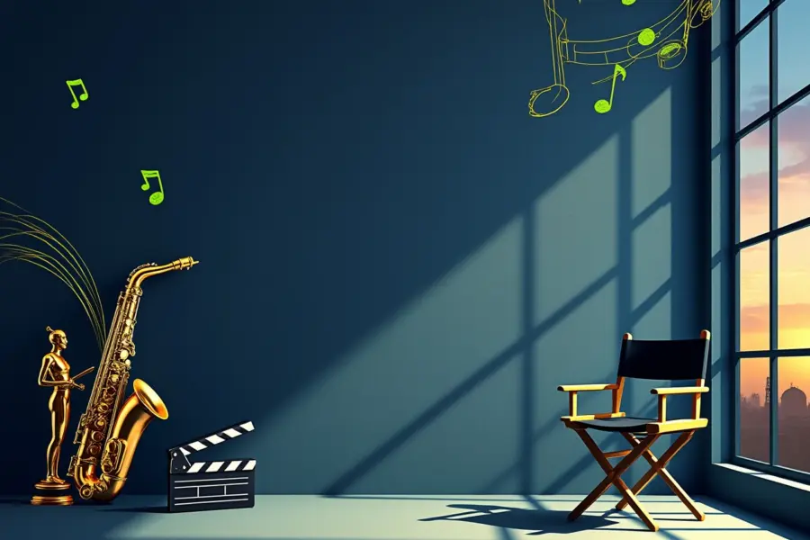 ## Alt Text:

"Minimalist film studio with director's chair silhouette, gold award statues, film props, and Hollywood sign visible through window at sunset."

*Character count: 124*

This alt text captures the essential elements while remaining concise and accessible. It communicates the core composition without overwhelming screen reader users with excessive detail, focusing on the key visual elements that convey the image's meaning and context.