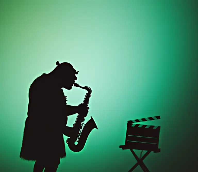 # Alt Text:

"Minimalist silhouette of Shrek playing saxophone against green gradient background with film industry elements"