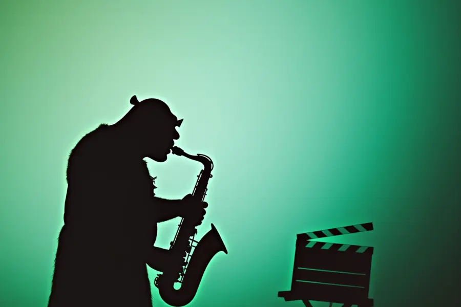 # Alt Text:

"Minimalist silhouette of Shrek playing saxophone against green gradient background with film industry elements"