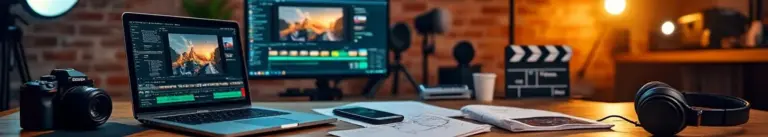 Alt text: "Professional filmmaker's workspace with camera, laptop, and equipment on wooden desk, bathed in warm cinematic lighting against brick wall."

Character count: 123