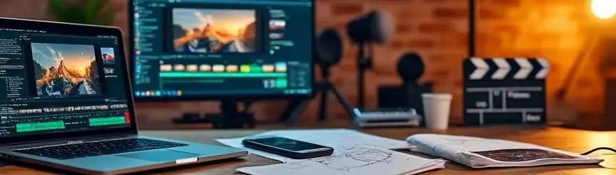 Alt text: "Professional filmmaker's workspace with camera, laptop, and equipment on wooden desk, bathed in warm cinematic lighting against brick wall."

Character count: 123