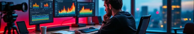 "Filmmaker at desk reviewing YouTube analytics on multiple monitors while editing video content, with professional camera equipment nearby."