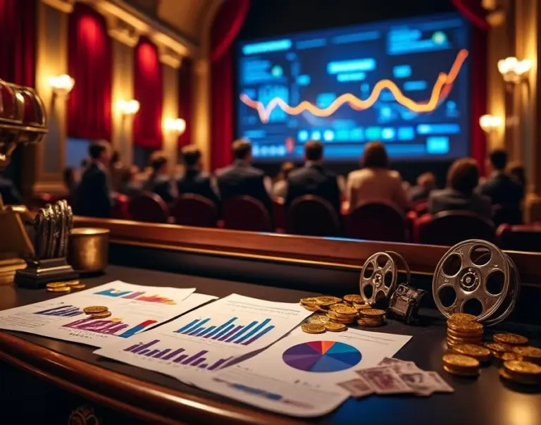"Elegant British movie theater lobby with mahogany desk displaying UK box office charts, financial reports, and currency amid luxurious decor."