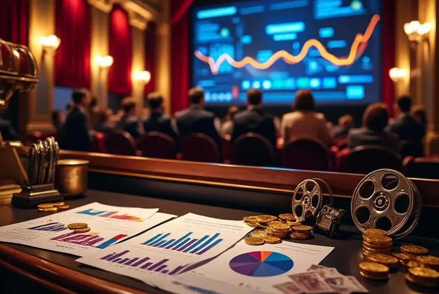 "Elegant British movie theater lobby with mahogany desk displaying UK box office charts, financial reports, and currency amid luxurious decor."