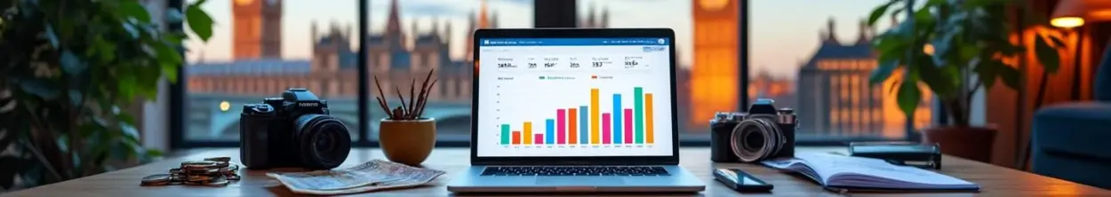 "Modern filmmaker's workspace with laptop showing funding analytics, film equipment, and London skyline visible through window"