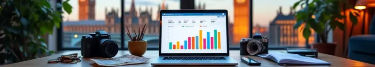 "Modern filmmaker's workspace with laptop showing funding analytics, film equipment, and London skyline visible through window"