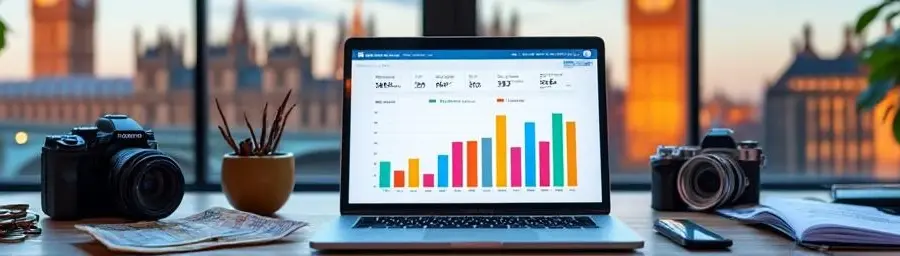 "Modern filmmaker's workspace with laptop showing funding analytics, film equipment, and London skyline visible through window"