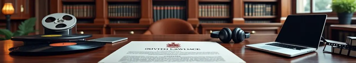 "Modern British legal office with mahogany bookshelves, legal documents, vinyl records, and film equipment on wooden desk"