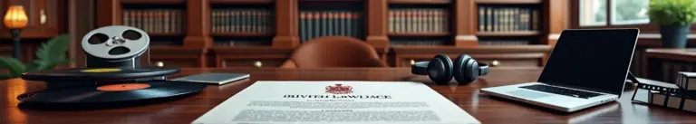 "Modern British legal office with mahogany bookshelves, legal documents, vinyl records, and film equipment on wooden desk"
