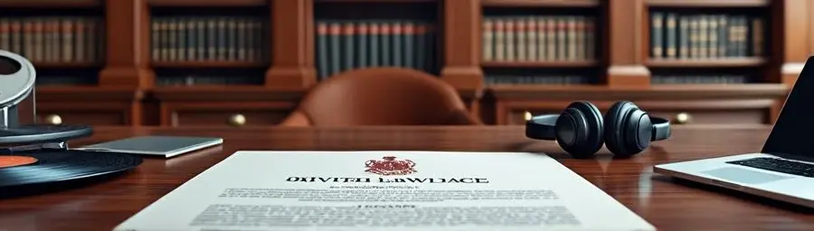 "Modern British legal office with mahogany bookshelves, legal documents, vinyl records, and film equipment on wooden desk"