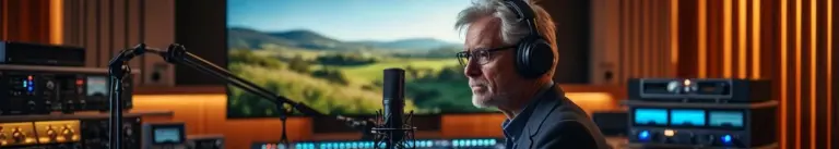 Professional British voice-over artist recording in studio with premium microphone and nature documentary footage on monitor.