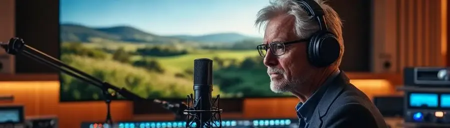 Professional British voice-over artist recording in studio with premium microphone and nature documentary footage on monitor.