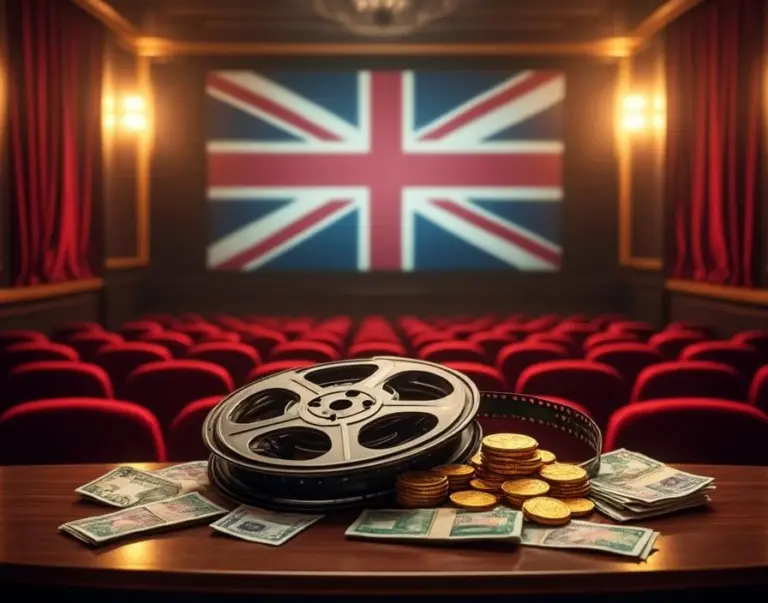 Cinema interior with red velvet seats, vintage film reel, international currency, floating coins, and movie projector beam.