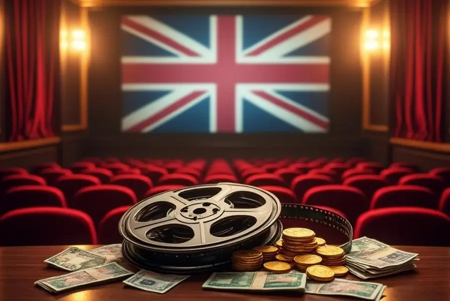 Cinema interior with red velvet seats, vintage film reel, international currency, floating coins, and movie projector beam.