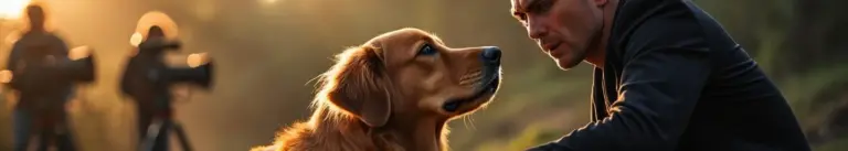 Director and golden retriever on film set, both looking intently in same direction amid professional lighting and equipment.