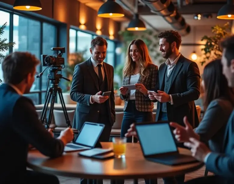 "Five diverse filmmakers networking in a modern film industry lounge with professional equipment and warm cinematic lighting."
