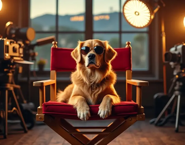 Golden retriever wearing sunglasses sits confidently in red director's chair surrounded by Hollywood film equipment and warm lighting.
