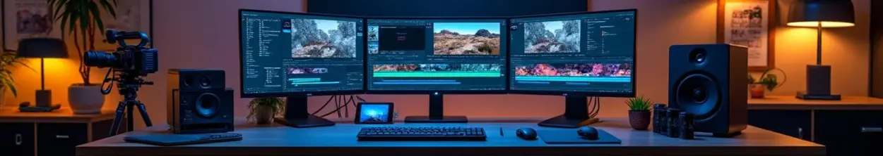 "Professional film editor's workspace with multiple monitors displaying video editing timelines and filmmaking equipment"