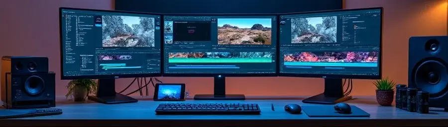 "Professional film editor's workspace with multiple monitors displaying video editing timelines and filmmaking equipment"
