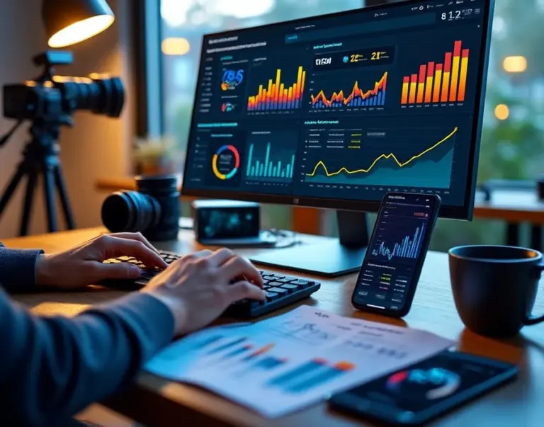 "Professional workspace showing hands typing at computer with SEO analytics on screen, film equipment in background"